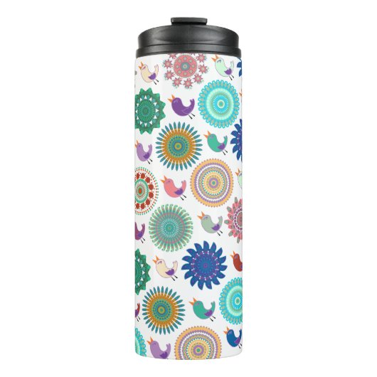 Singing Bird und Mandala Niedliches Folk Art Muste Thermosbecher (Vorderseite)