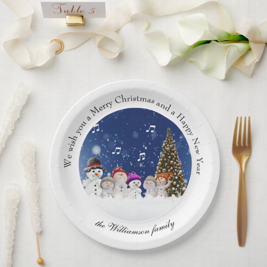 Singing Snowmen Merry Christmas - Personalize Pappteller (Hochzeit)