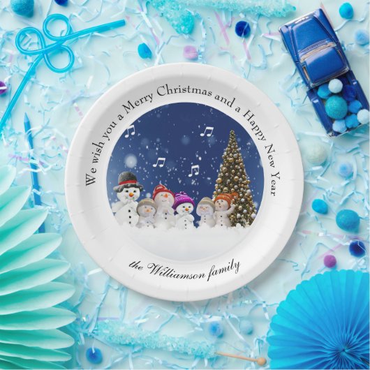 Singing Snowmen Merry Christmas - Personalize Pappteller (Party)