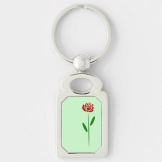 Single Art Deco Rote Rose Grüne Blätter und Stem Schlüsselanhänger