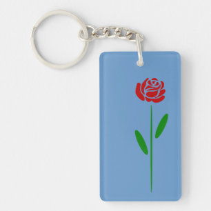 Single Art Deco Rote Rose Grüne Blätter und Stem Schlüsselanhänger