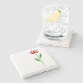 Single Art Deco Rote Rose Grüne Blätter und Stem Steinuntersetzer (Seitenansicht)