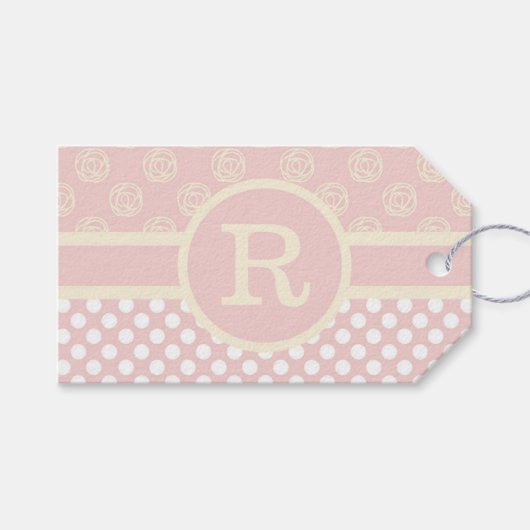 Single Custom Monogram Polka Dot und Rose Geschenkanhänger (Vorderseite (Horizontal))