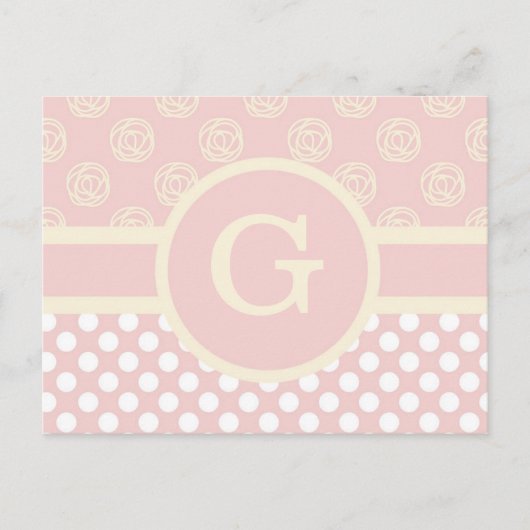 Single Custom Monogram Polka Dot und Rose Postkarte (Vorderseite)