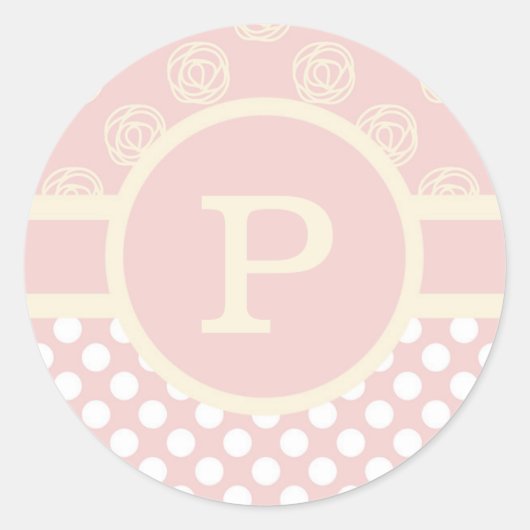 Single Custom Monogram Polka Dot und Rose Runder Aufkleber (Vorderseite)