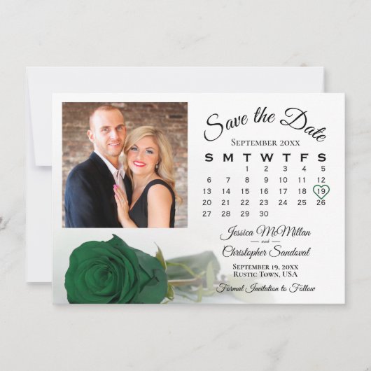 Single Emerald Green Rose Wedding Calendar & Foto Save The Date (Vorderseite)