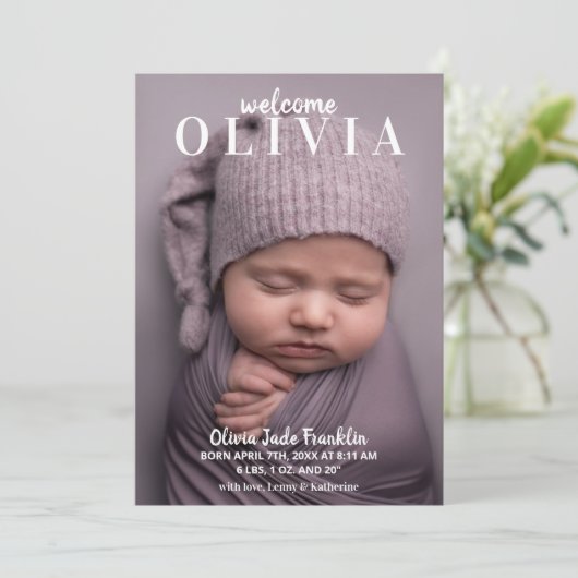 Single Foto Elegant Baby Ankündigung (Stehend Vorderseite)
