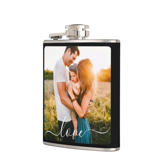 Single Foto Kursive Liebe Schwarzer Text Flachmann (Links)