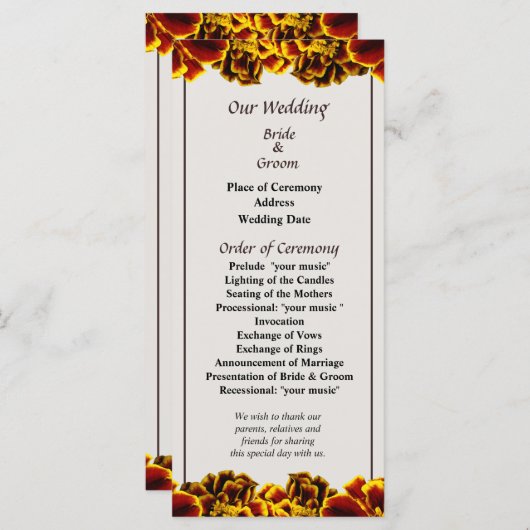 Single Französisches Marigold-Hochzeitsprogramm Programm (Vorne/Hinten)