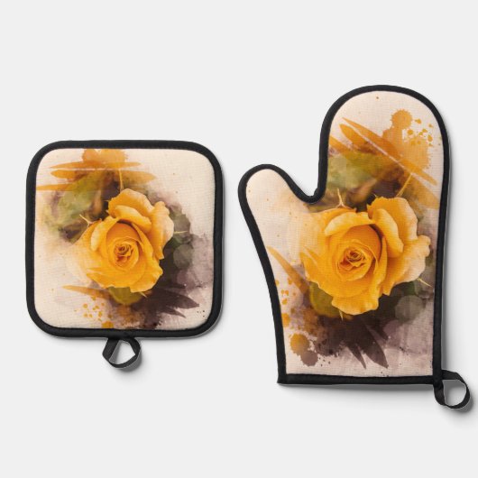 Single Gelb Rose Ofenhandschuh & Topflappen-Set (Vorderseite)