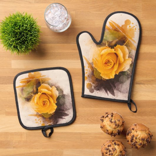 Single Gelb Rose Ofenhandschuh & Topflappen-Set (Oben Unten)