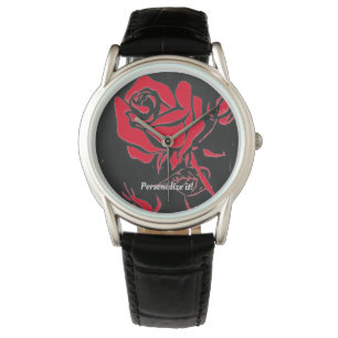 Single lebhafte rote Rose aus einem Holzschnitt Armbanduhr