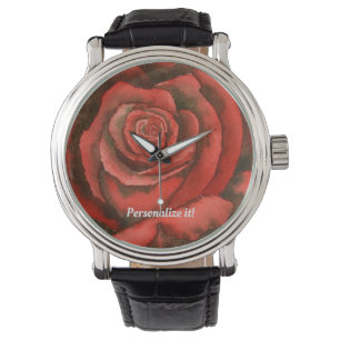 Single lebhafte rote Rose bei naher Armbanduhr