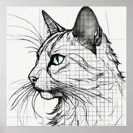 Single Lines Grid Sketch von Black Cat Silhouette Poster