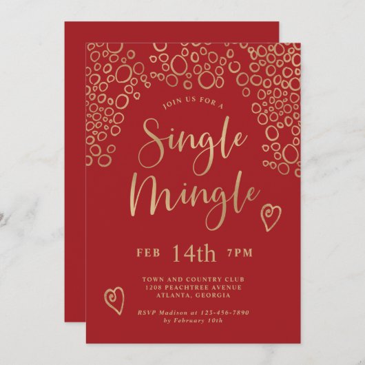 Single Mingle Valentine Party Red and Gold Einladung (Vorne/Hinten)