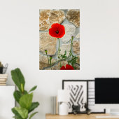 Single Mohn Blume und eine Steinmauer dahinter Poster (Heimbüro)