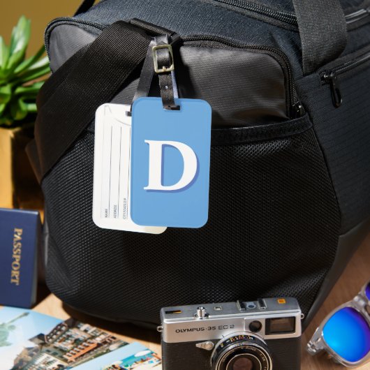 Single Monogram Blue und White Luggage Tag Gepäckanhänger (Vorderseite & Rückseite)