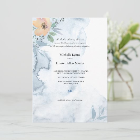 Single Peach Rose und Dusty Blue 2 Wedding Einladung (Stehend Vorderseite)