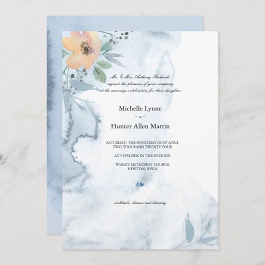 Single Peach Rose und Dusty Blue 2 Wedding Einladung (Vorne/Hinten)