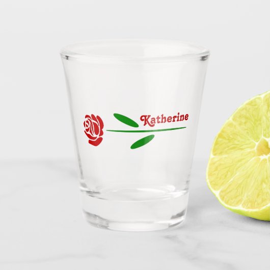 Single Rote Rose Grüner Stem Blätter Personalisier Schnapsglas (Vorderseite)