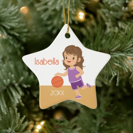 Single Side Brünett Girl Basketball Keramik Ornament (Baum)
