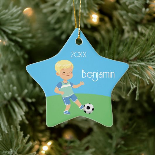Single Sided Blond Soccer Boy Keramik Ornament (Baum)