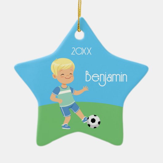 Single Sided Blond Soccer Boy Keramik Ornament (Vorne)