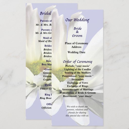 Single White Daisy Wedding Program Programm (Vorne/Hinten)