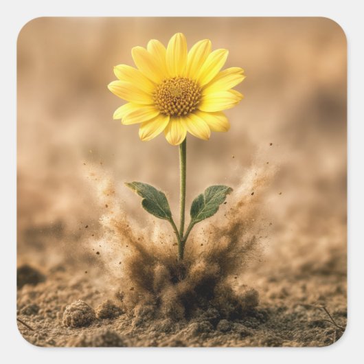 Single Yellow Daisy Bursting Out of Dirt Quadratischer Aufkleber (Vorderseite)