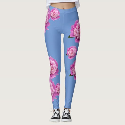 Singrün-blaue Leggings mit rosa Blumen-Entwurf (Vorderseite)