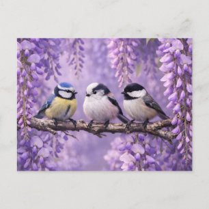 Singvögel auf dem lebendigen Glyzinienzweig Postkarte