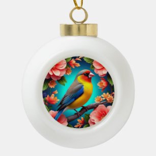 Singvogel auf leuchtenden Blumen sitzend Keramik Kugel-Ornament