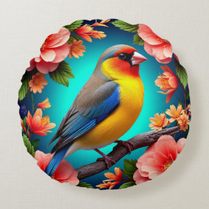 Singvogel auf leuchtenden Blumen sitzend Rundes Kissen