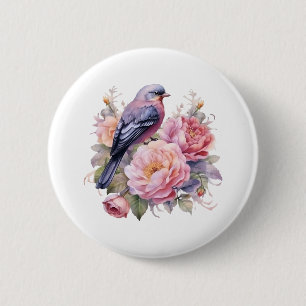 Singvogel auf rosa Pfingstrosen Button