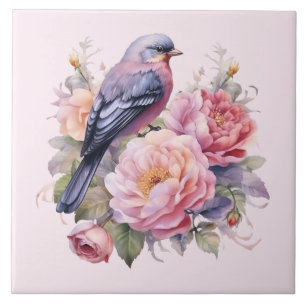 Singvogel auf rosa Pfingstrosen Fliese
