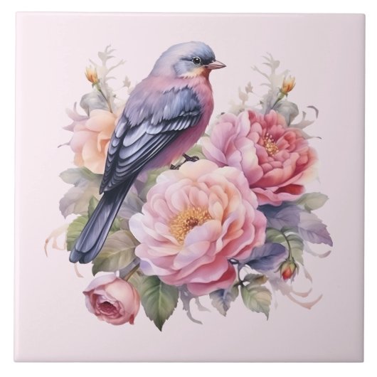 Singvogel auf rosa Pfingstrosen Fliese (Vorderseite)