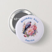 Singvogel auf rosa Pfingstrosen Geburtstagsmädchen Button (Vorne & Hinten)