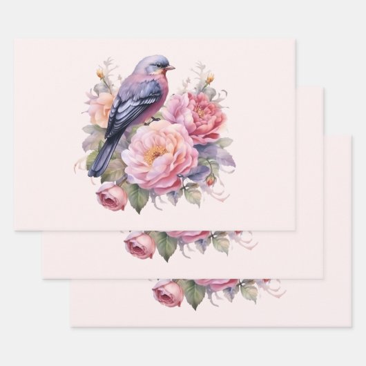 Singvogel auf rosa Pfingstrosen Geschenkpapier Set (Set)