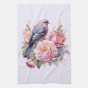 Singvogel auf rosa Pfingstrosen Geschirrtuch