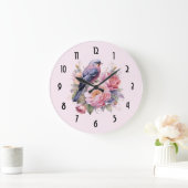 Singvogel auf rosa Pfingstrosen Große Wanduhr (Zuhause)
