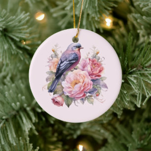 Singvogel auf rosa Pfingstrosen Keramik Ornament