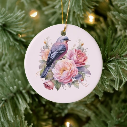Singvogel auf rosa Pfingstrosen Keramik Ornament (Baum)