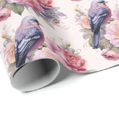 Singvogel auf rosa Pfingstrosen-Muster Geschenkpapier (Rolleneckpunkt)