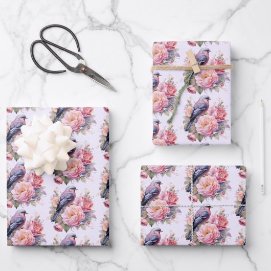 Singvogel auf rosa Pfingstrosen-Muster Geschenkpapier Set (Vorderseite)
