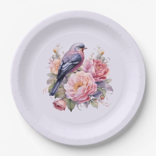 Singvogel auf rosa Pfingstrosen Pappteller (Vorderseite)
