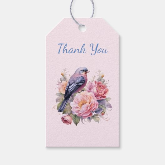 Singvogel auf rosa Pfingstrosen thront Danke Geschenkanhänger (Vorderseite)