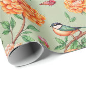 Singvogel-Blumen-Botanik - Orange Blüten Mint-Farb Geschenkpapier (Rolleneckpunkt)