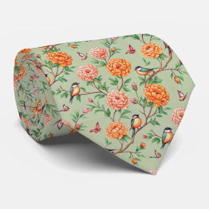 Singvogel-Blumen-Botanik - Orange Blüten Mint-Farb Krawatte