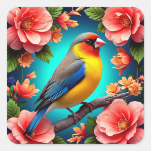🐦 Singvogel Blumenständer Helle Garten Natur Kuns Quadratischer Aufkleber