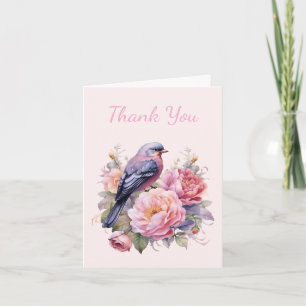 Singvogel sitzt auf rosa Pfingstrosen Dankeskarte